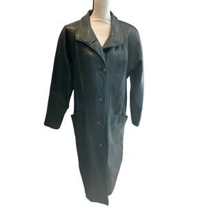⭐️ Women’s Vintage LNR Forest Green Genuine Leather Long Coat Size Small Trench